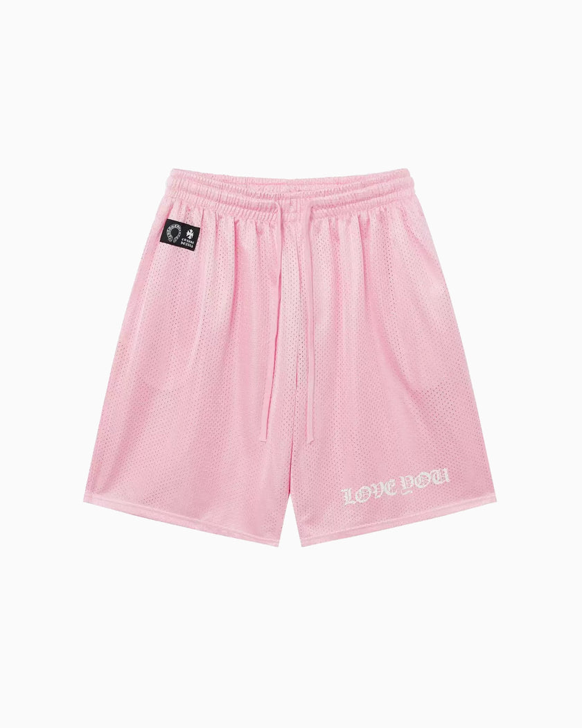 Chrome Hearts Short Mesh Love You Pink — vista frontal