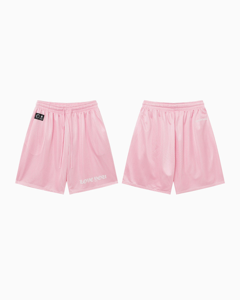 Chrome Hearts Short Mesh Love You Pink — frente y espalda